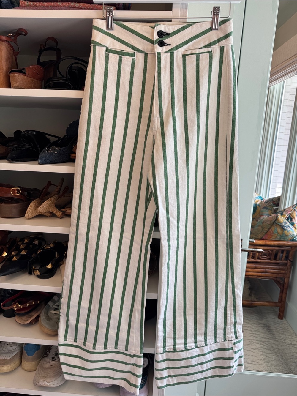 Anthropologie ASKKNY Striped Wide-Leg Trousers in White and Green Size 27